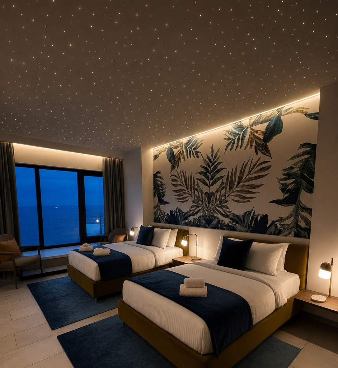 Cabina con due letti e cielo stellato Cobb a fibre ottiche, atmosfera notturna