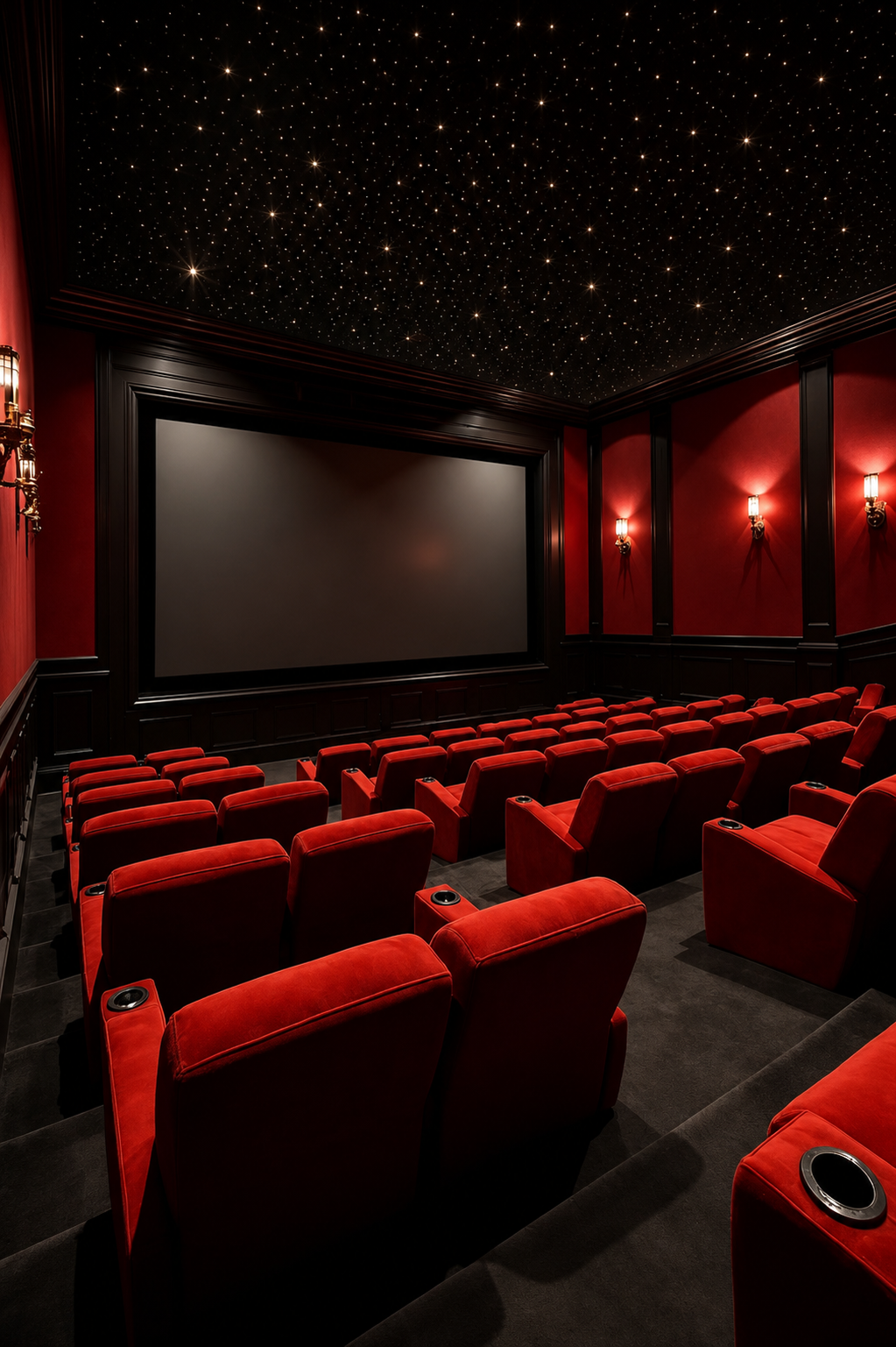 Home cinema con poltrone rosse e cielo stellato Cobb a fibre ottiche a soffitto